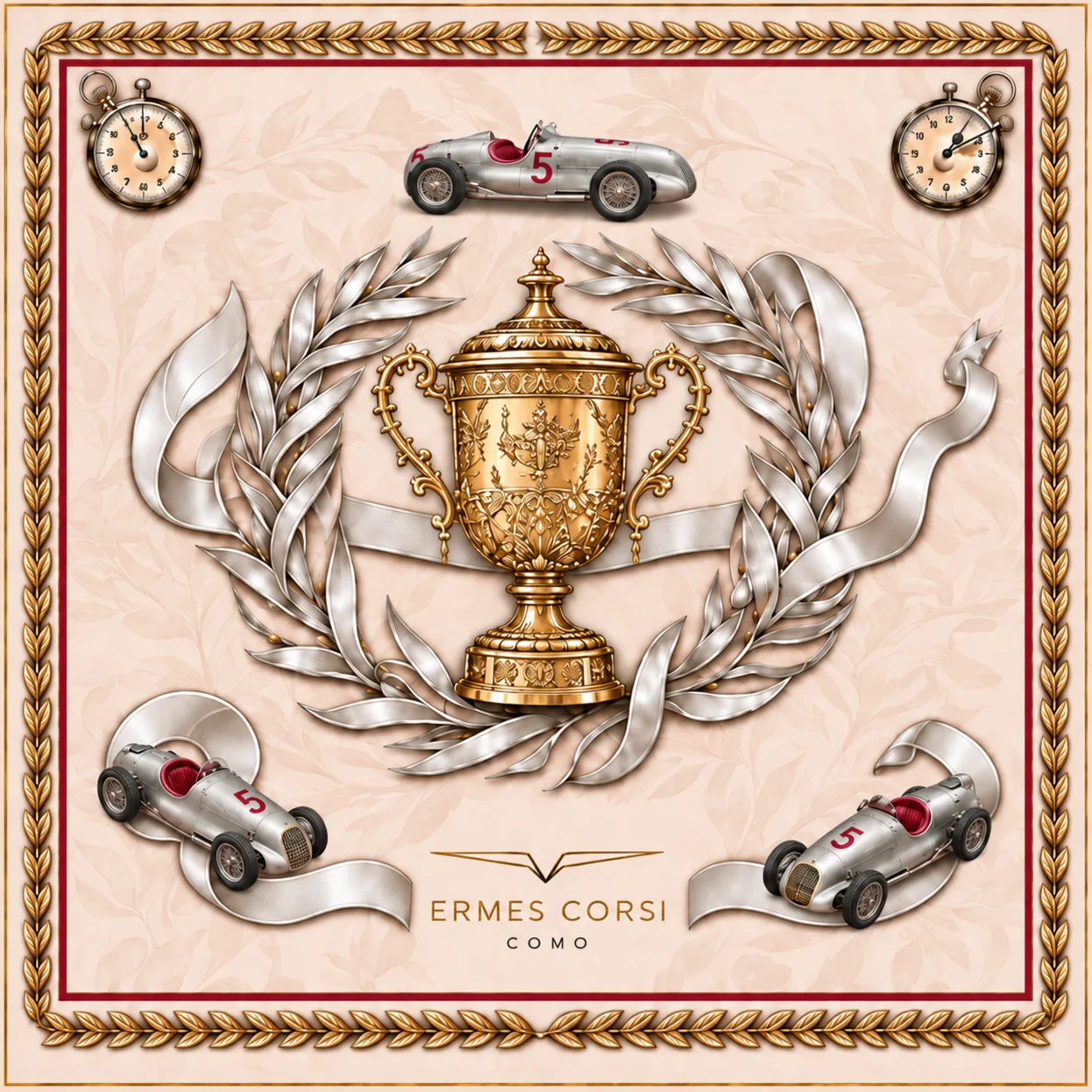 Podio: a gilded trophy among silver laurel and ribbons on a powder-pink ground